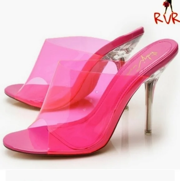 NEW Hot Pink Clear Peeptoe Mule Heels Sz 7 - Picture 6 of 14